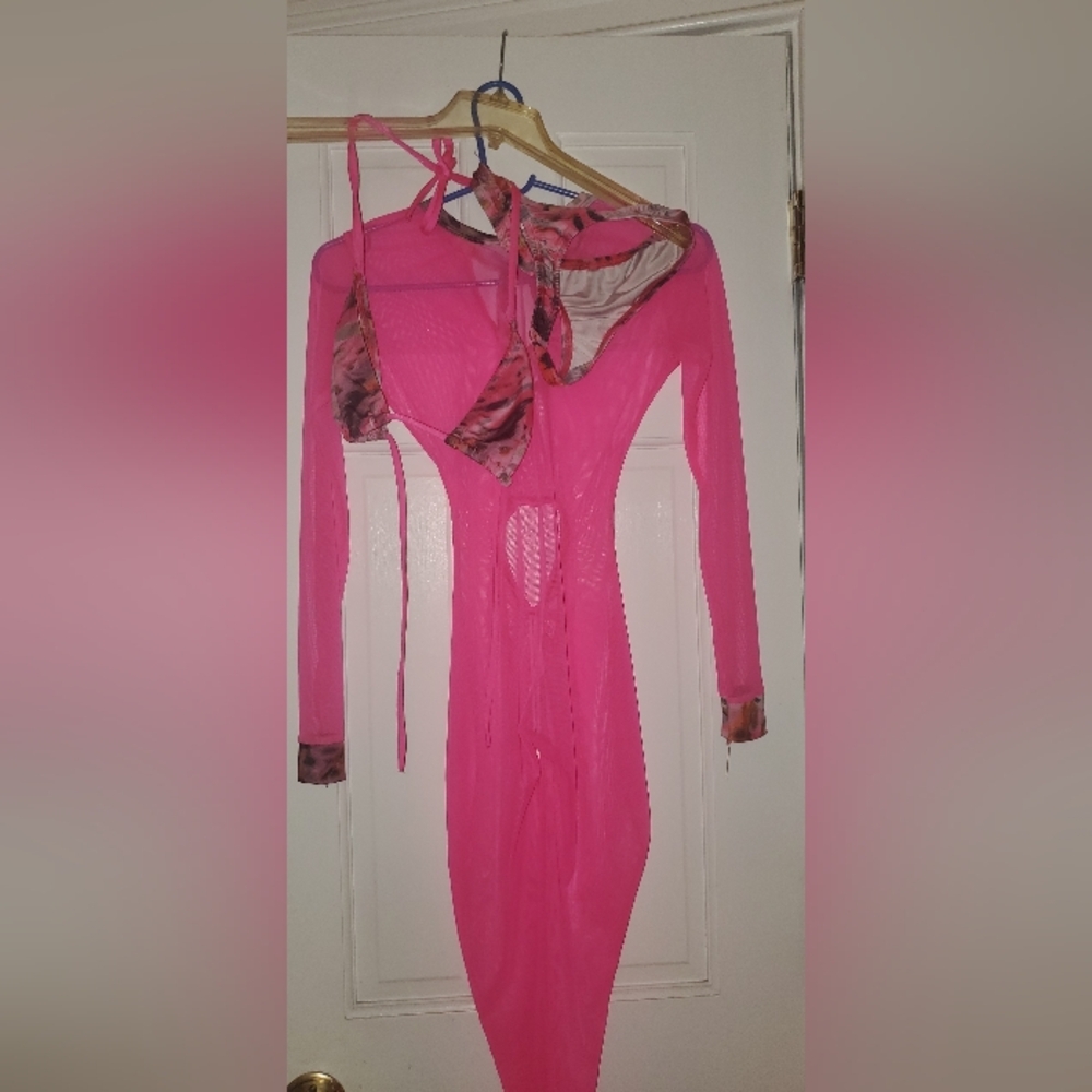 3 pieces Jumpsuit with top and bottom bikini Bartender dancer outfit S hot Pink - Picture 4 of 12